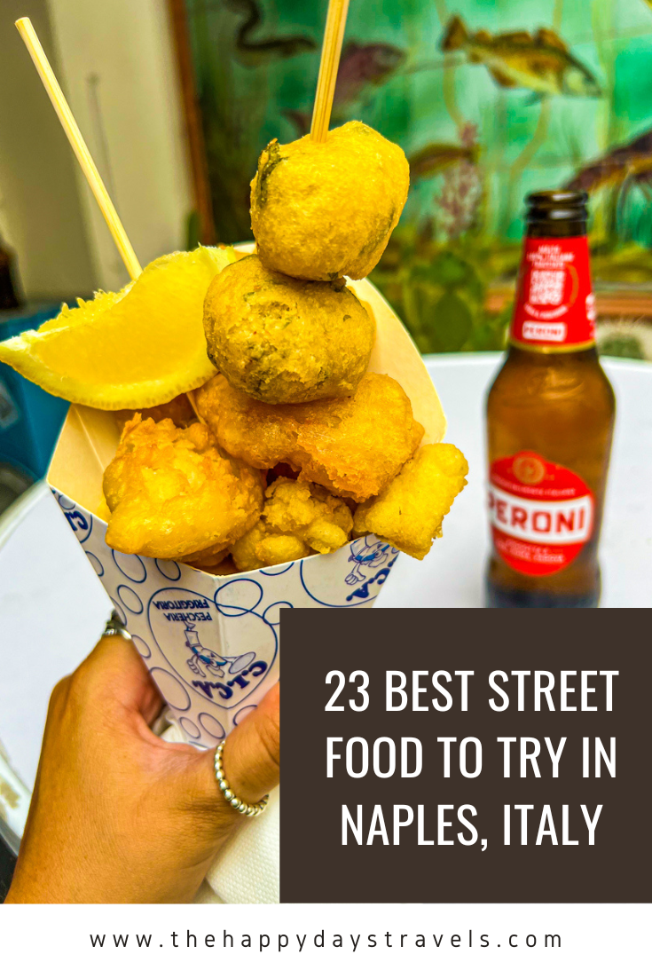 Pin image text reads '23 best street food to try in Naples, Italy' with image of Cuoppo of seafood in background