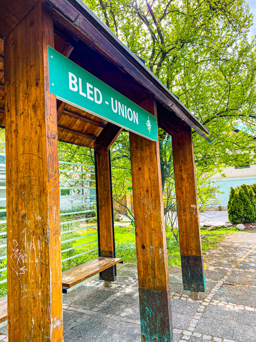 Image of Bled Union bus stop in Bled, Slovenia for getting the bus to Ljubljana 