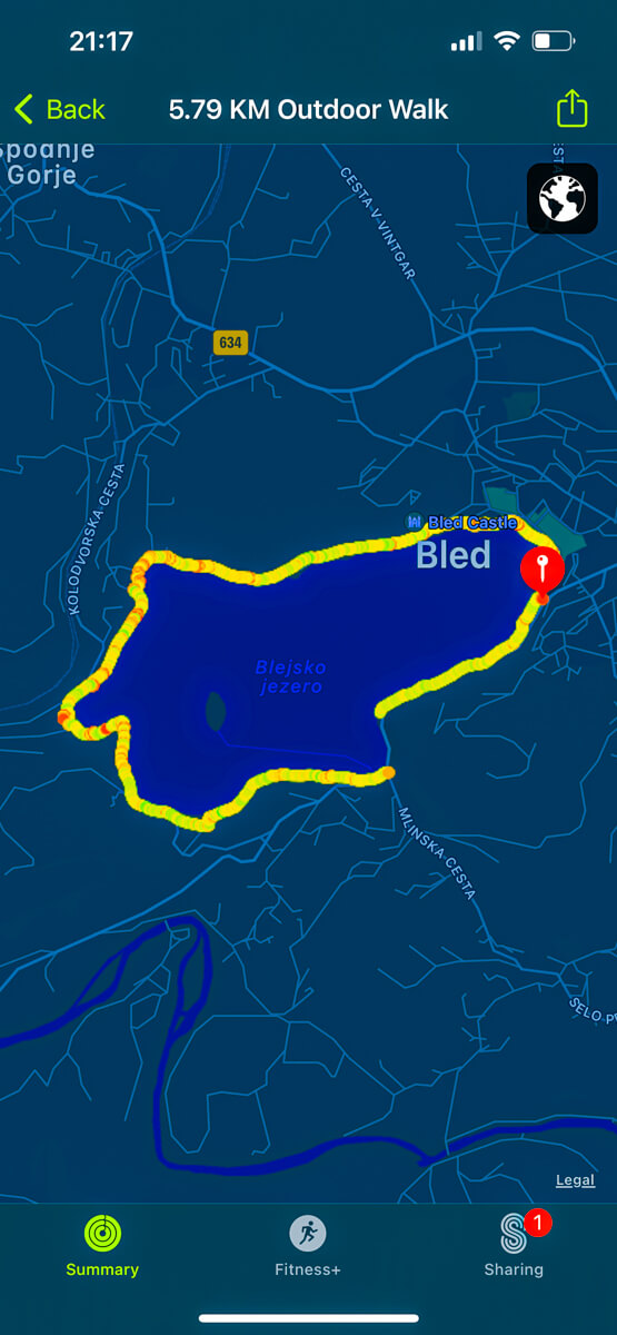 Screenshot of Lake Bled walk around the perimeter of the lake from Shireen's iphone.