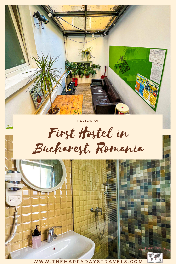 Pin image. Text reads 'Review of First Hostel in Bucharest, Romania'. Top image is of the hostel's living area and bottom image is of the hostel's yellow bathroom.