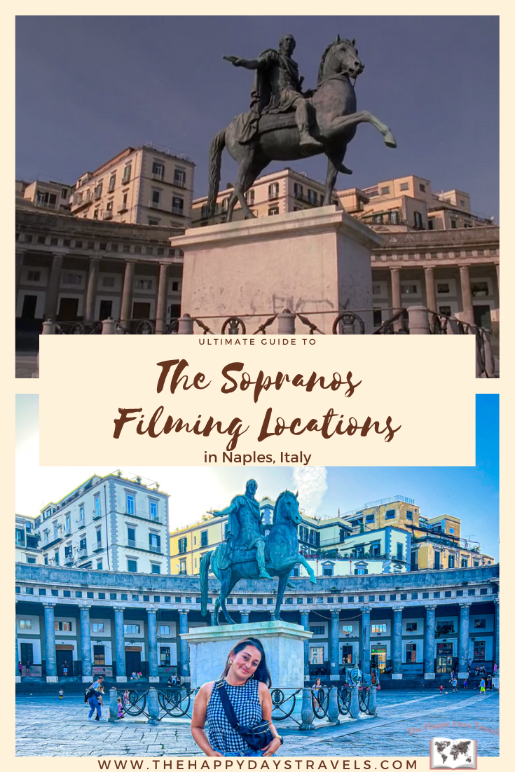 pin image for guide to The Sopranos filming locations in Naples, Italy. Top image of piazza shot from episode and bottom image is Shireen in front of the same piazza