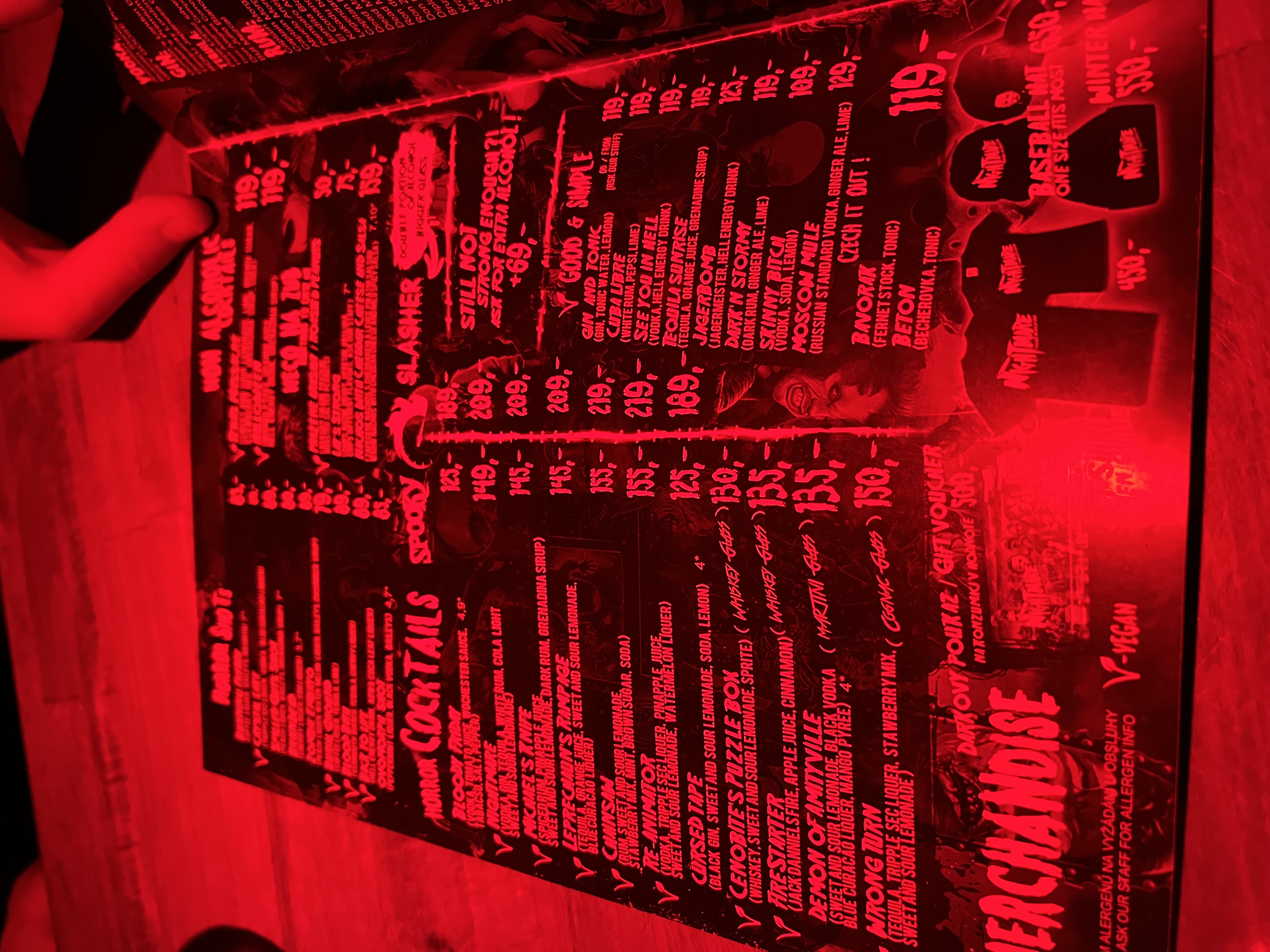 Image of the cocktail menu in Prague Nightmare Horror Bar