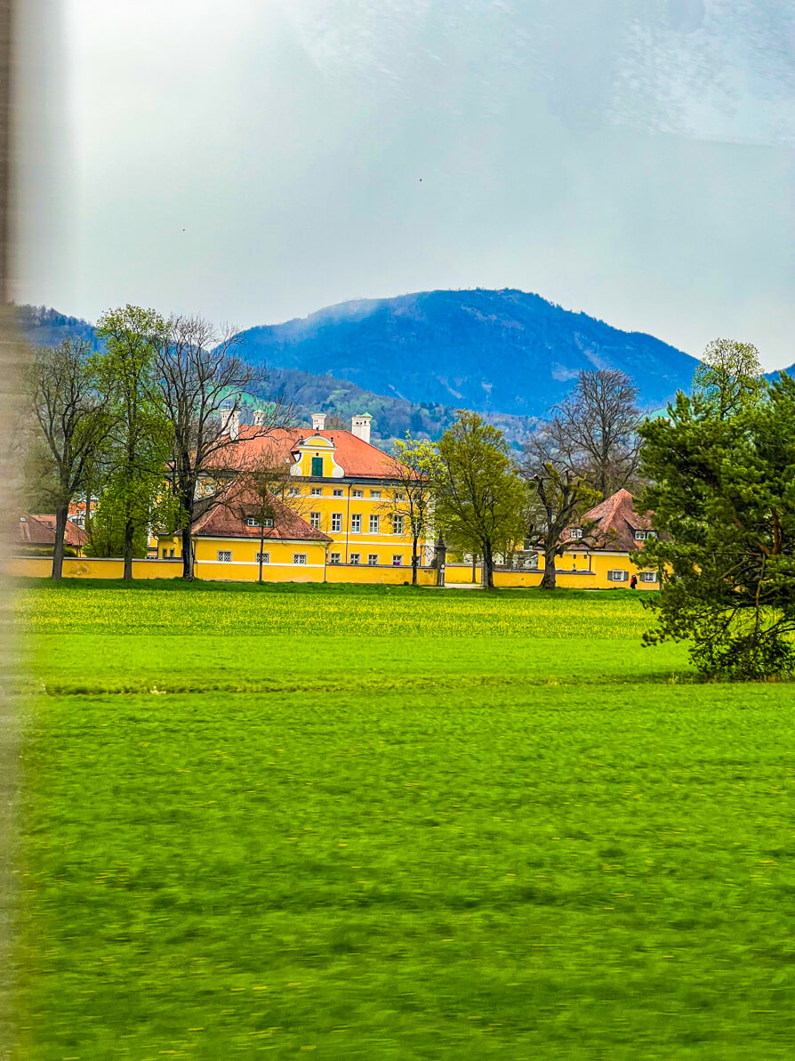 Far away image of Frohnburg Palace, the Von Trapp Family Home from Sound of Music in Salzburg Austria 
