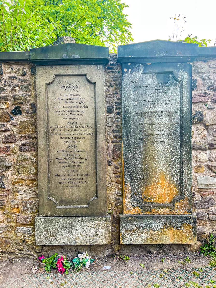 Image of the tombstone of Tom Riddell in Greyfriars Kirkyard Harry Potter Graveyard in Edinburgh Scotland