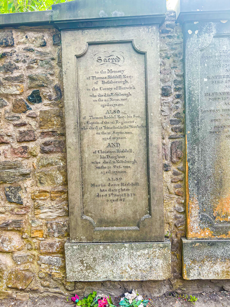 Image of the tombstone of Tom Riddell in Greyfriars Kirkyard Harry Potter Graveyard in Edinburgh Scotland