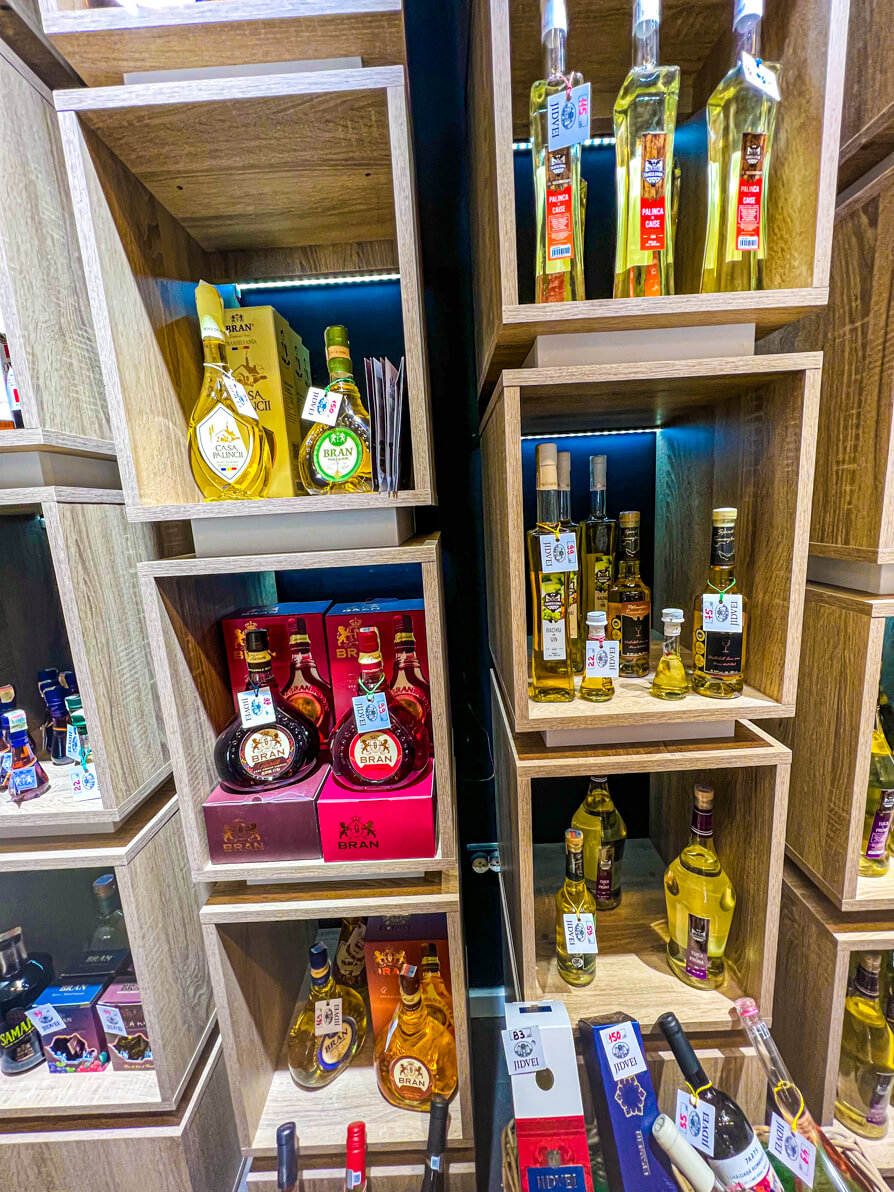 Image of Romanian spirits on shelves in Bucharest Romania