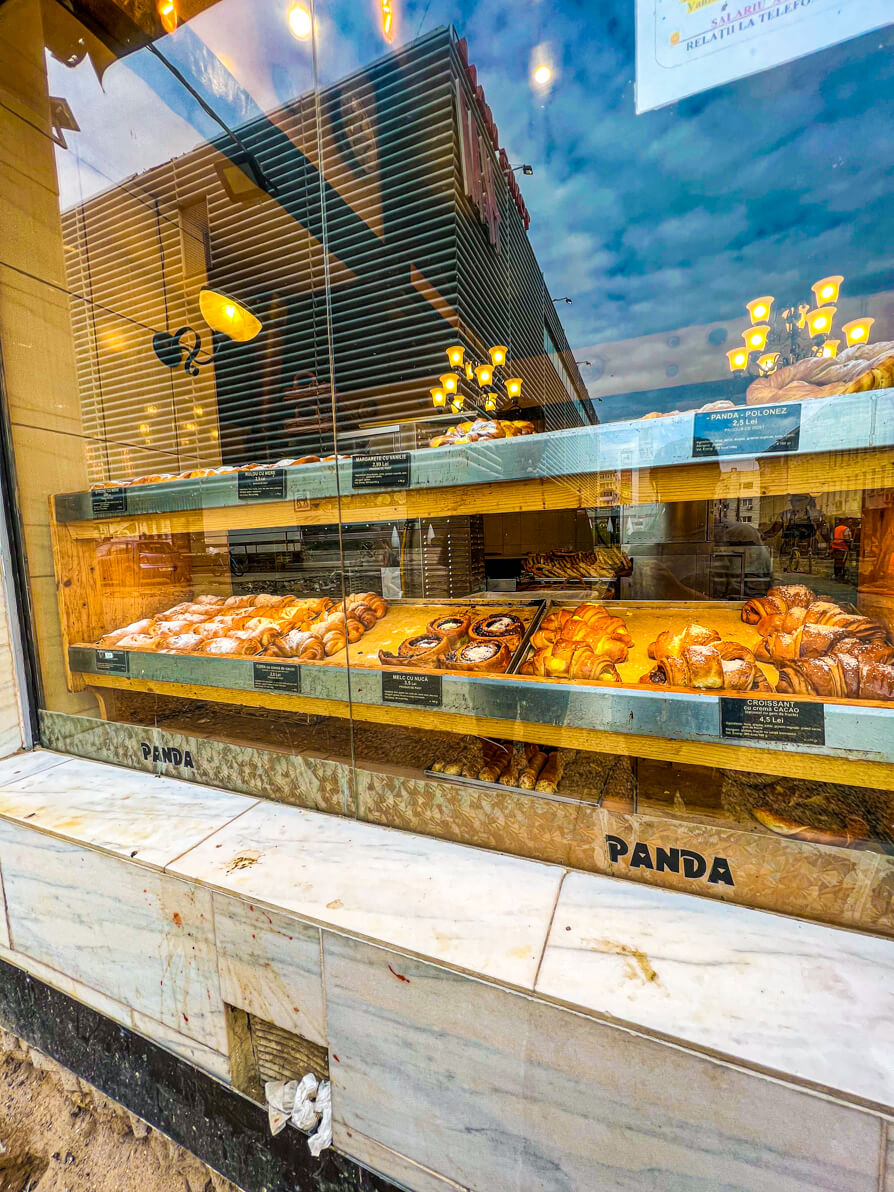 Image of cornulete pastries in shop window of a bakery in Constanta Romania