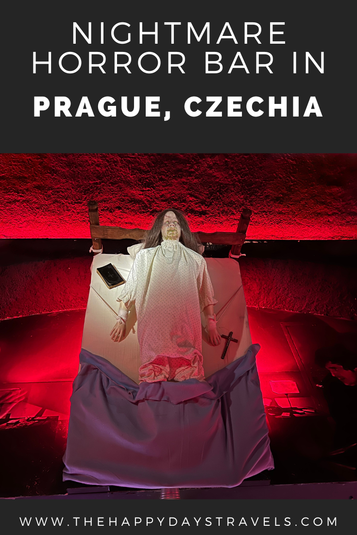 Pin image reads 'Nightmare Horror Bar in Prague, Czechia' with image of Ragan from The Exorcist prop in centre