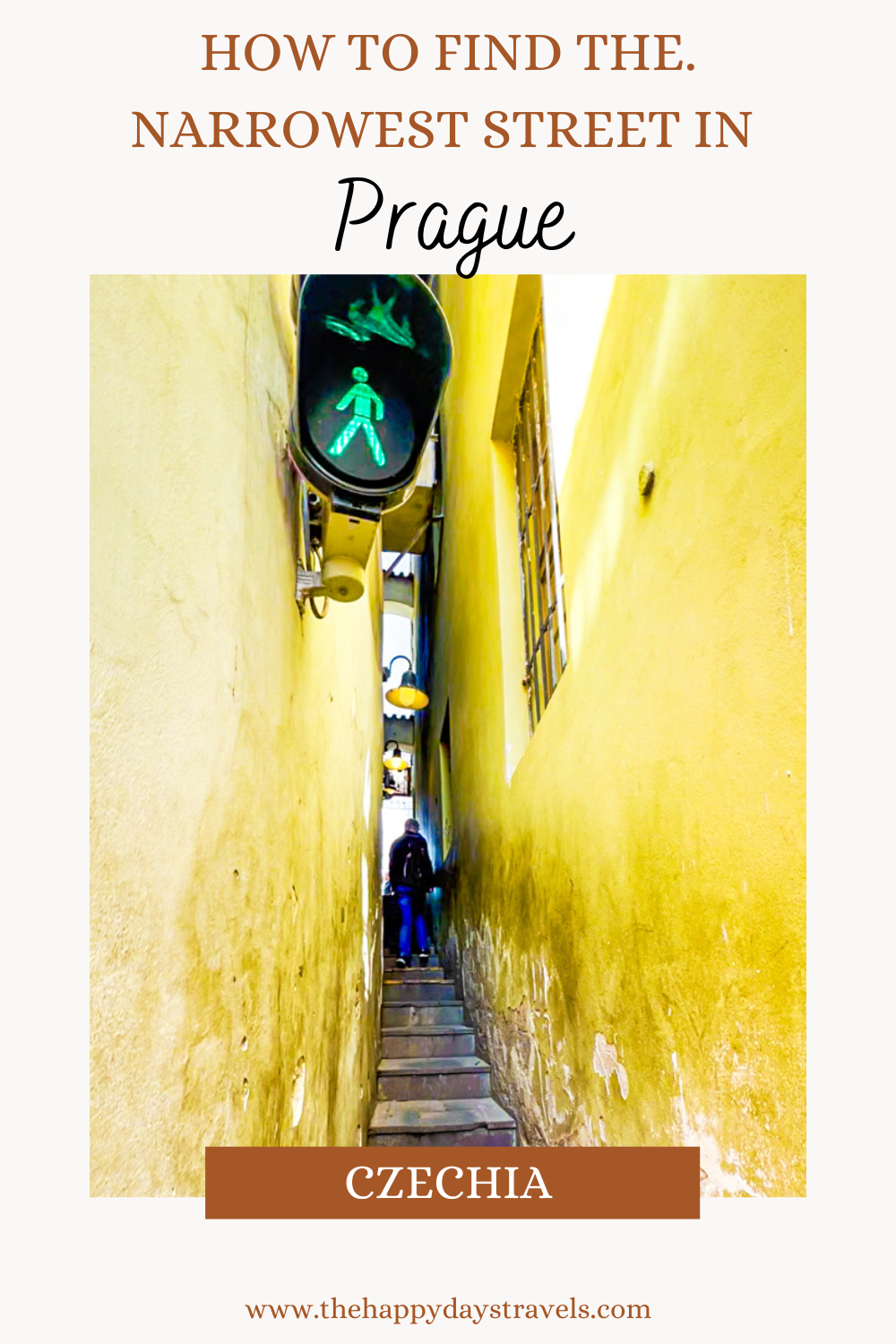 Pin image text reads 'how to find the narrowest street in Prague, Czechia' with white border and centre picture shows the narrow street between yellow walls and a green man on the traffic light in top left corner