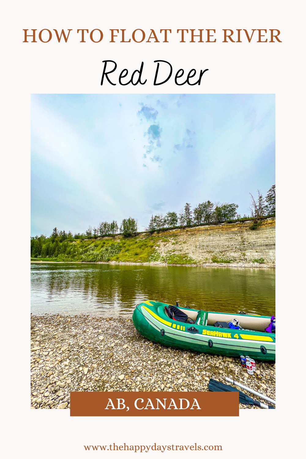 Pin image of 'how to float the river Red Deer AB Canada' with image of boat on the river bank of Red Deer in centre in Alberta Canada