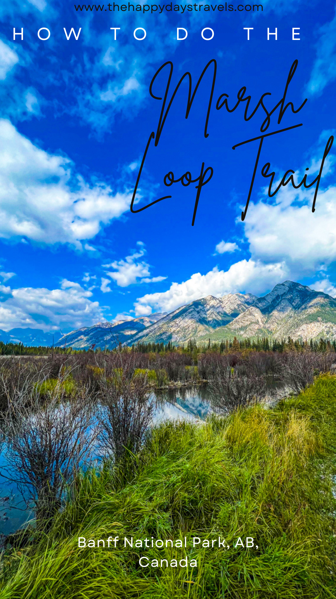 pin image text reads 'how to do the Marsh Loop trail' 'Banff National Park, AB, Canada'. Background image of wetlands at the loop with mountains and blue sky in background.