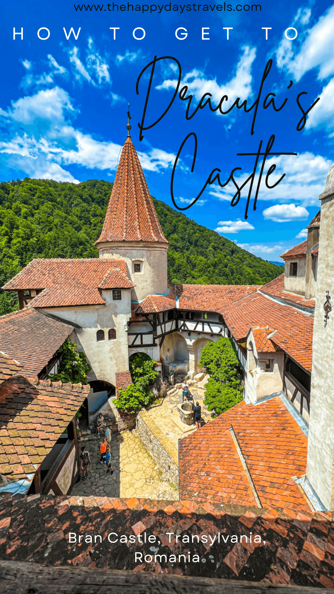 Pin image text is 'how to get to dracula's castle' with image of Bran Castle courtyard with Carpathian Mountains and blue sky in background