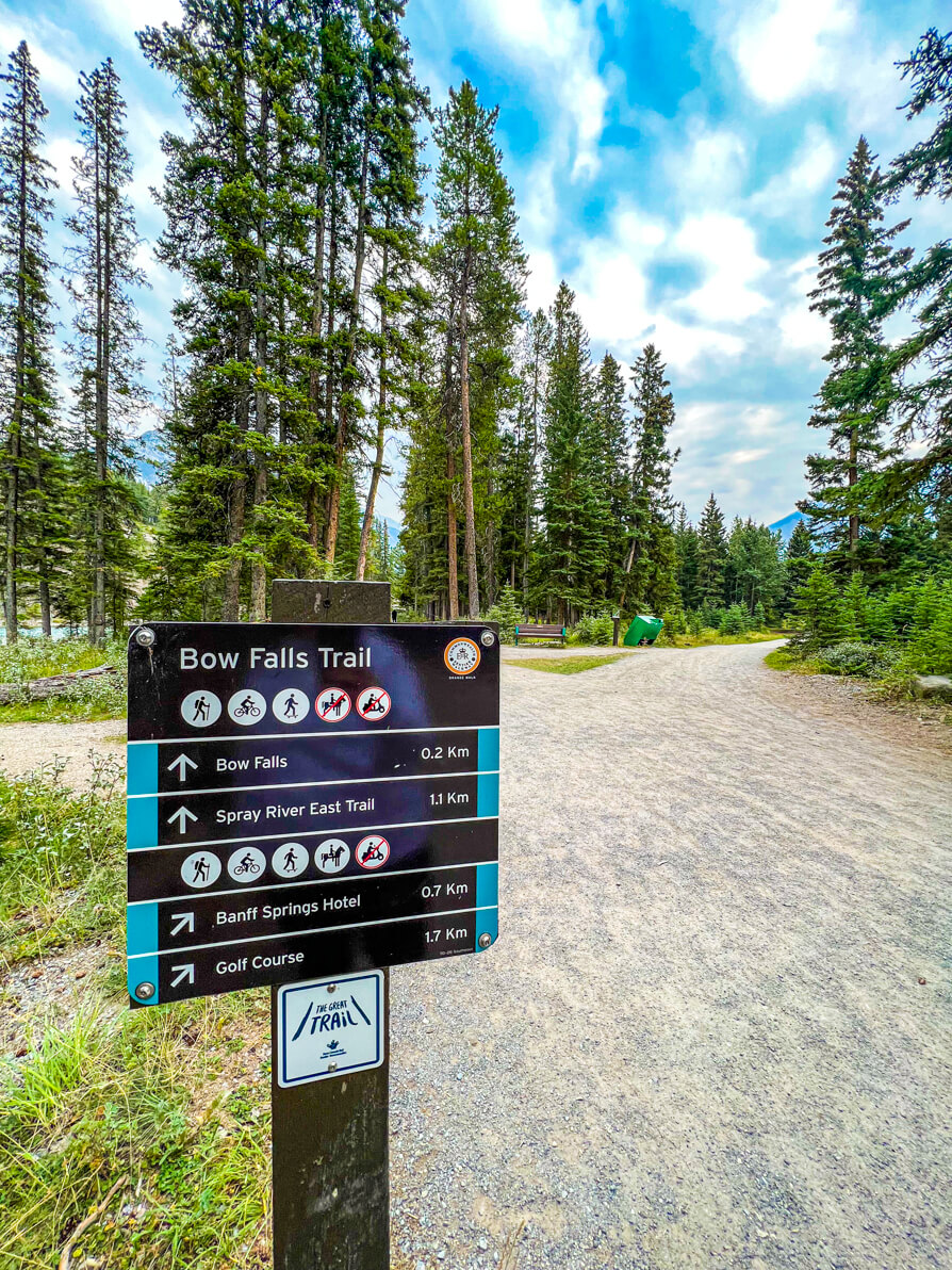 Image of Bow Falls trail information board in front of fork in Bow Falls Trail path with green triangle patch, paths either side and green trees in background in Banff National Park