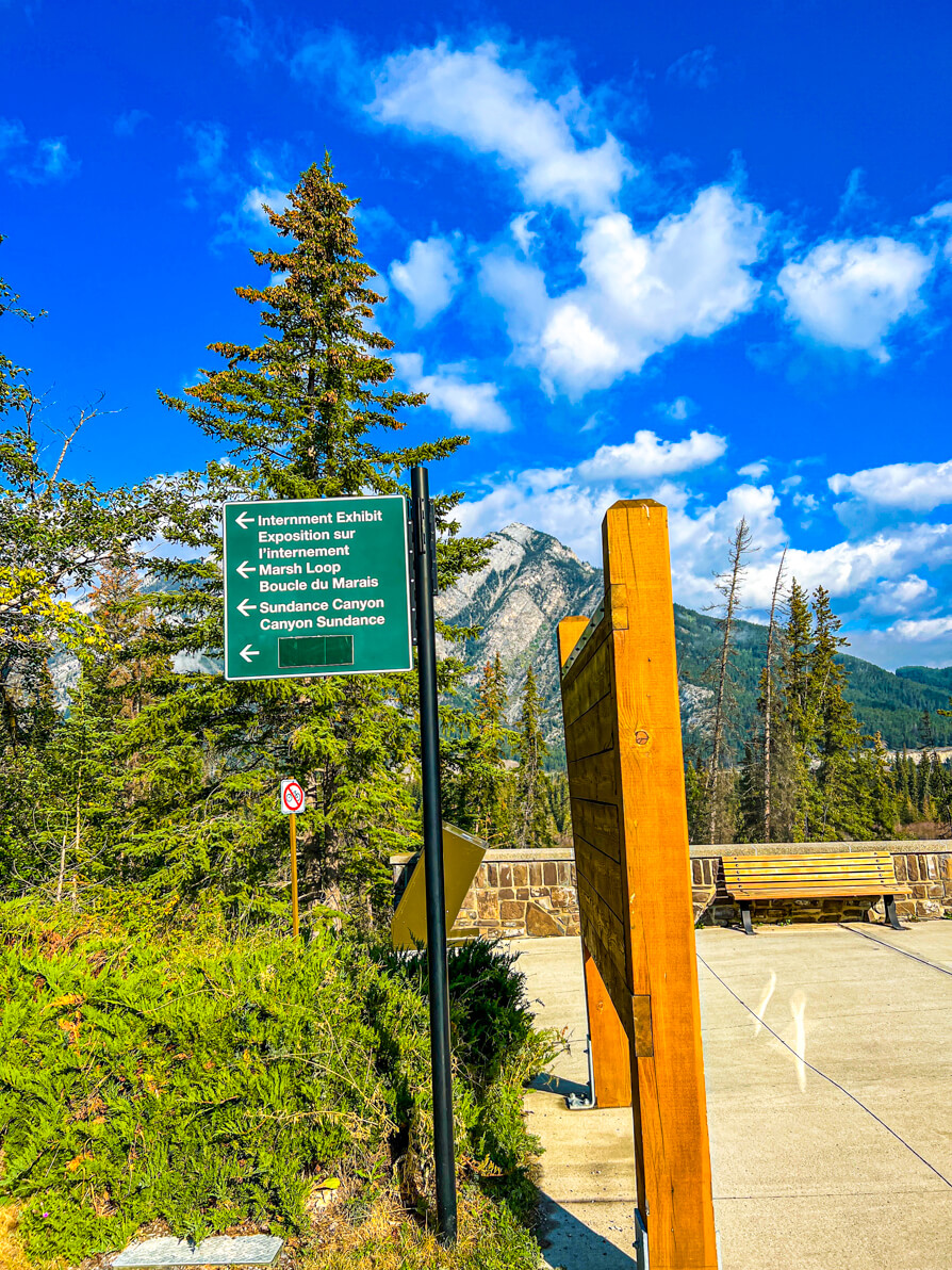 image of Marsh Loop trail sign on green post outside cave and basin in Banff
