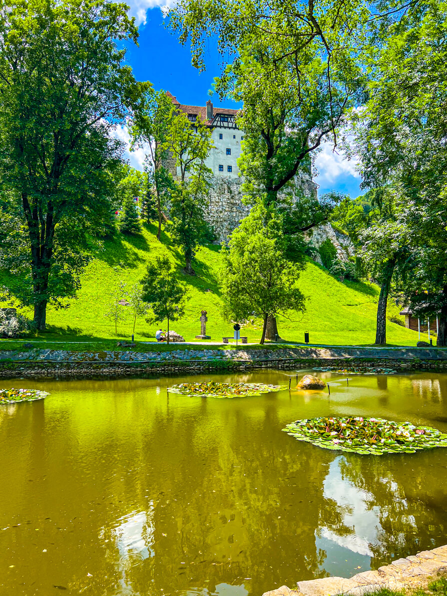 Image of Bran Castle Romania from the garden grounds. Lake and Grass in front and castle in upper back with blue sky behind and green trees to the left