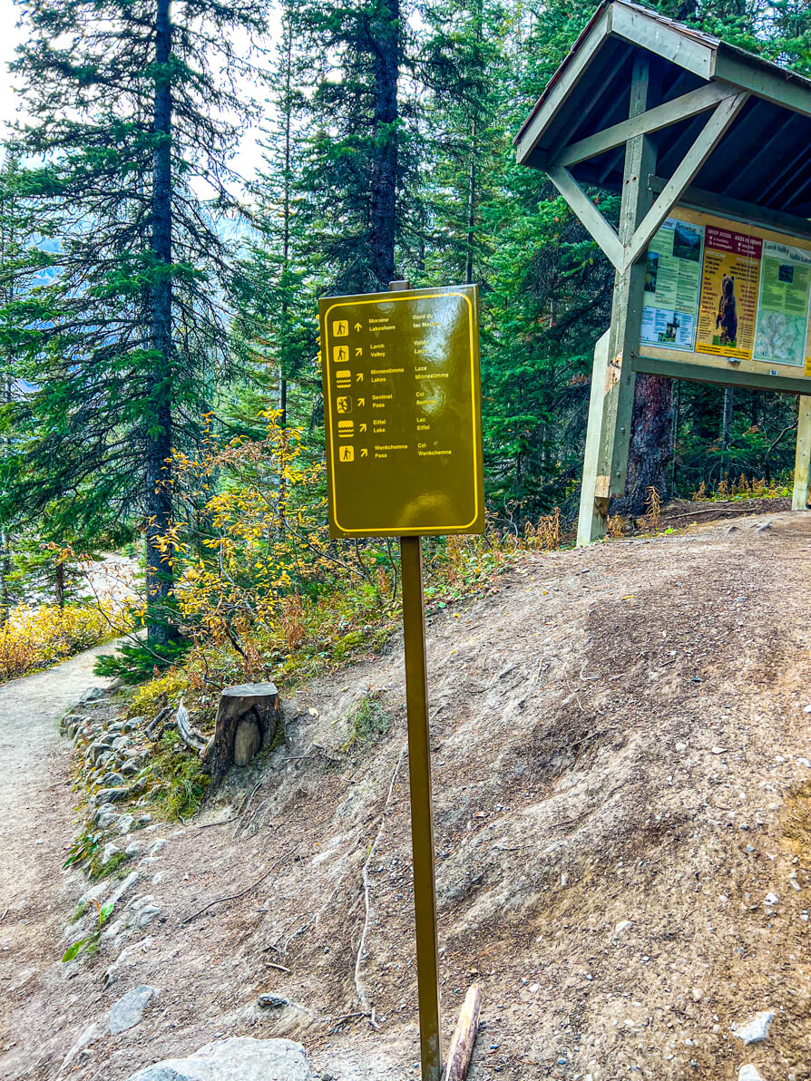 Image of information sign with trail directions at start of Larch Valley Hike