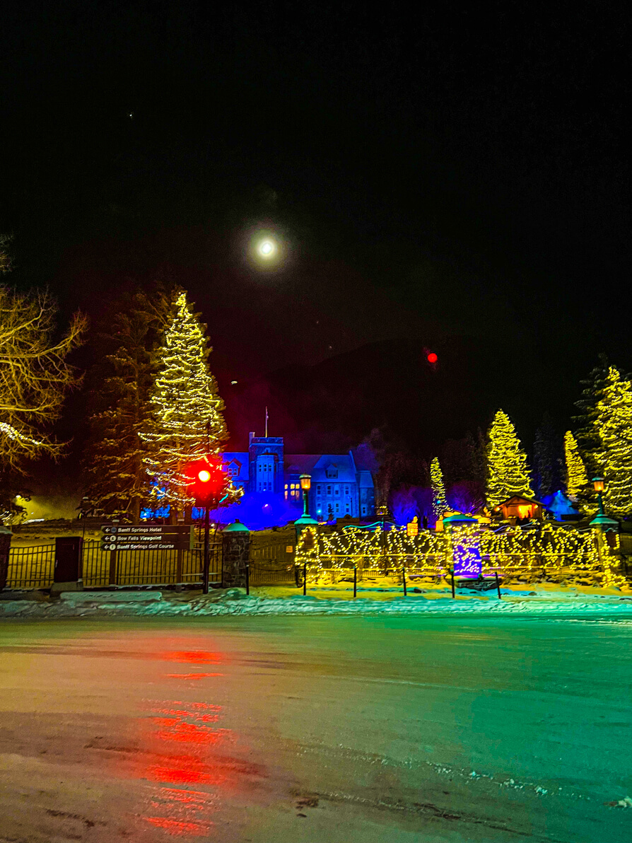 Cascade Gardens with Christmas lights and decor in Banff Canada