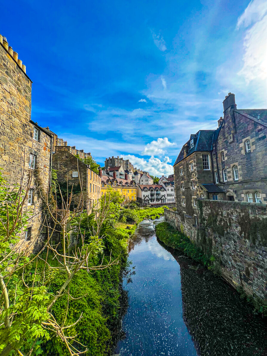 gorgeous view of water, homes and sky in Dean Village Edinburgh