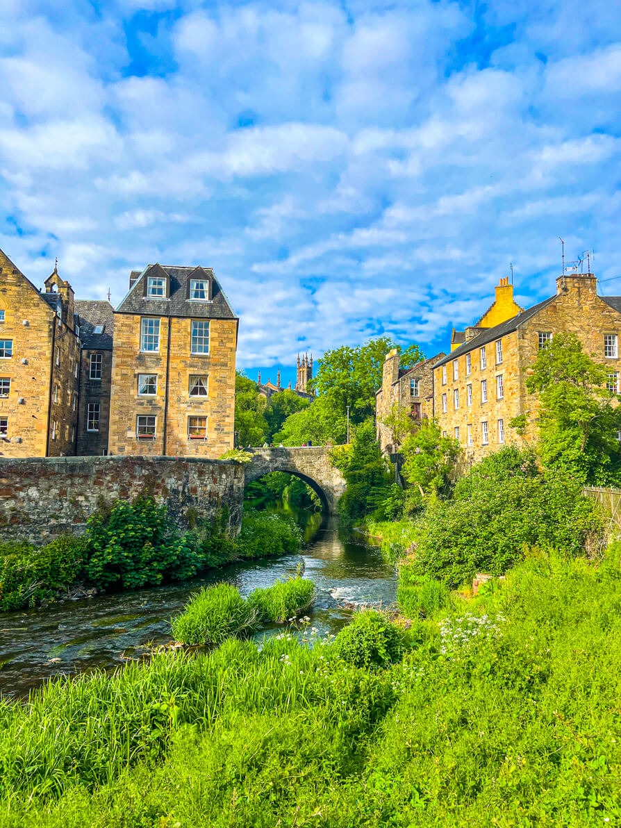 image of bridge and water and homes in Dean Village Edinburgh