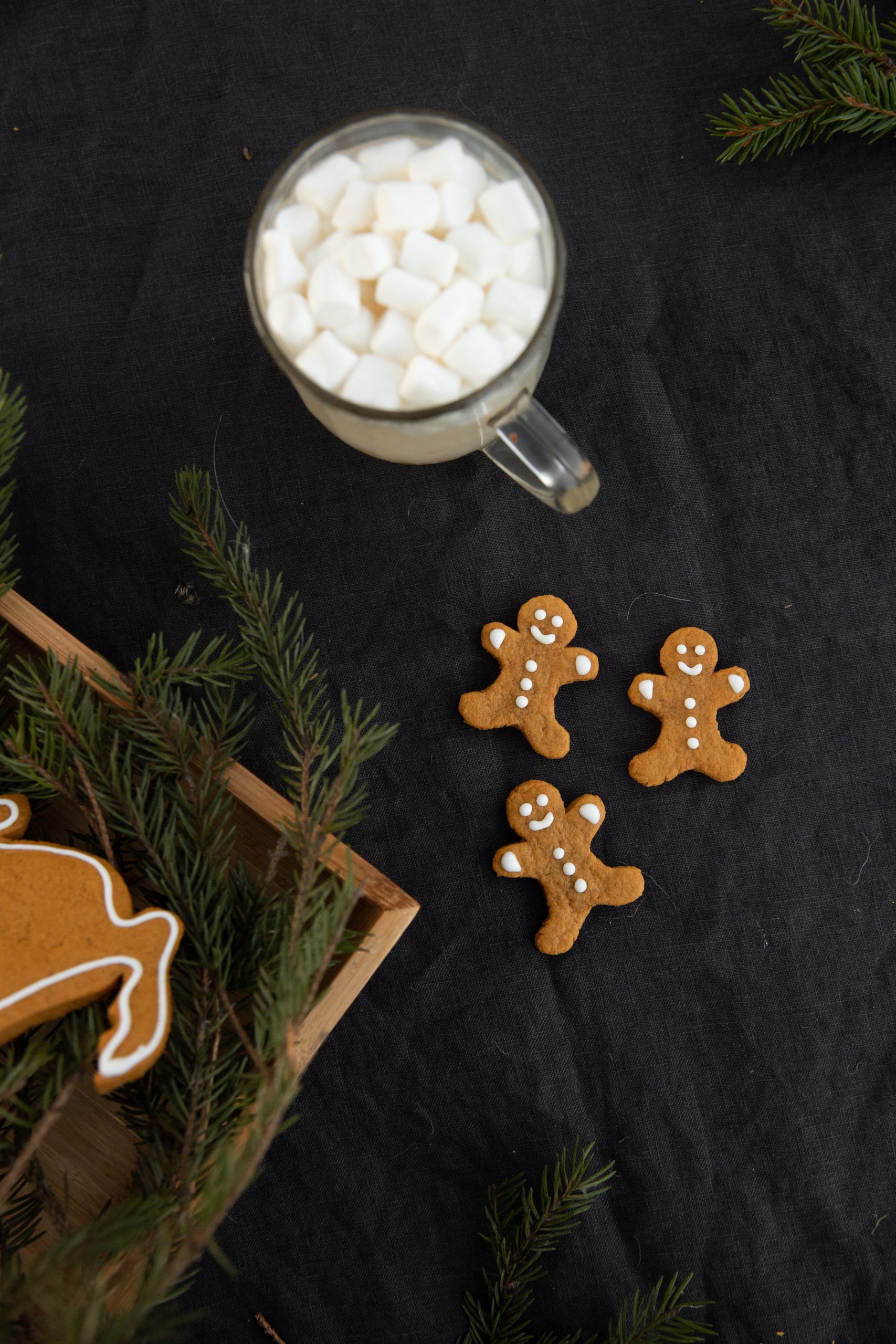 pexels image credit to ekaterina bolovtsova. image of mug of marshmallows and three gingerbread cookies on black background