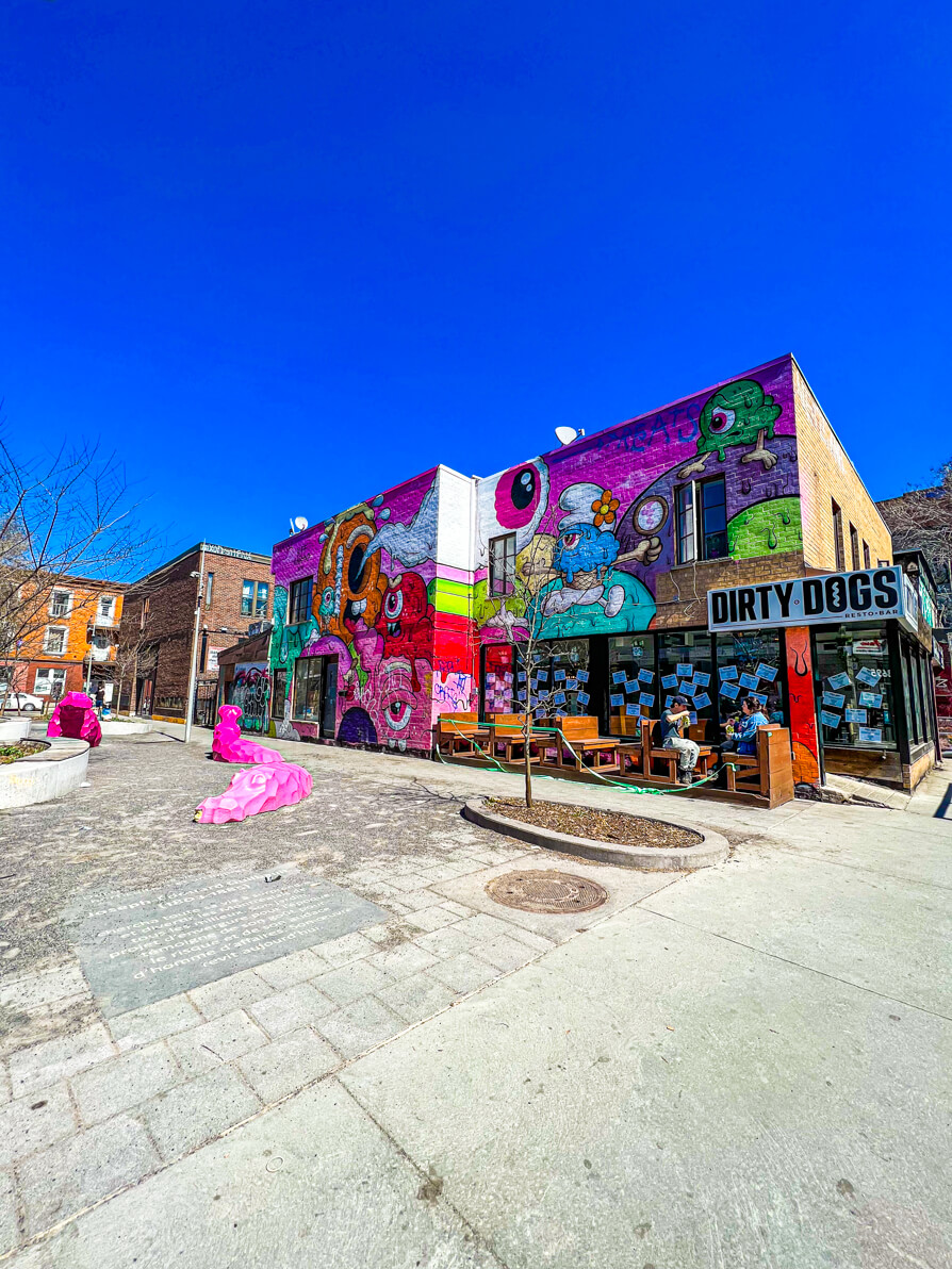 Image of Montreal street art and pink hippos in La Plateau