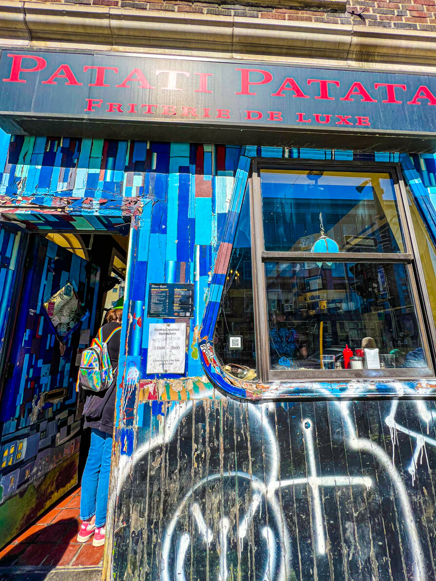 Exterior of PATATI PATATA poutinery in Montreal Canada on Montreal Food Tour
