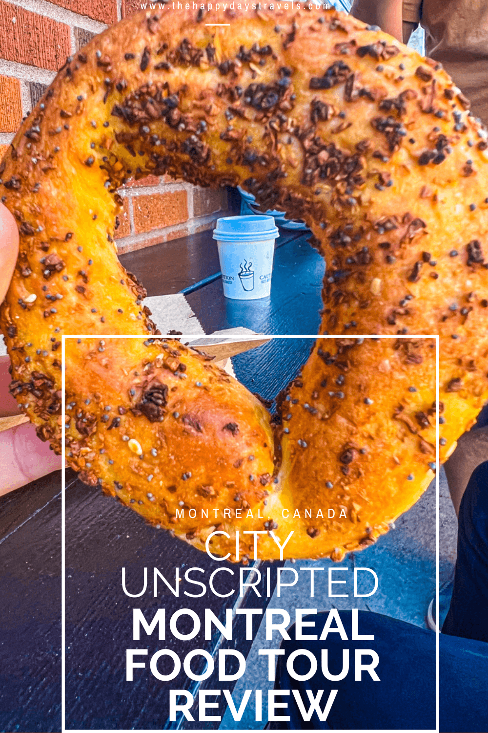pin image for Montreal Food Tour. Image of Shireen's left hand holding up an onion Montreal bagel with an espresso seen through the hole on a Montreal Food Tour. Text reads 'City Unscripted Montreal Food Tour Review'