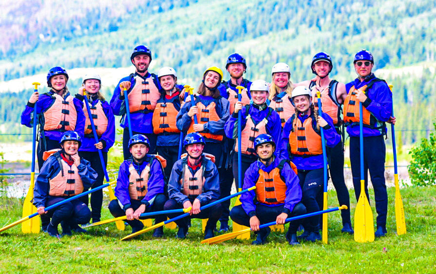 Image of Shireen and friends posing before white water rafting Kicking Horse River!