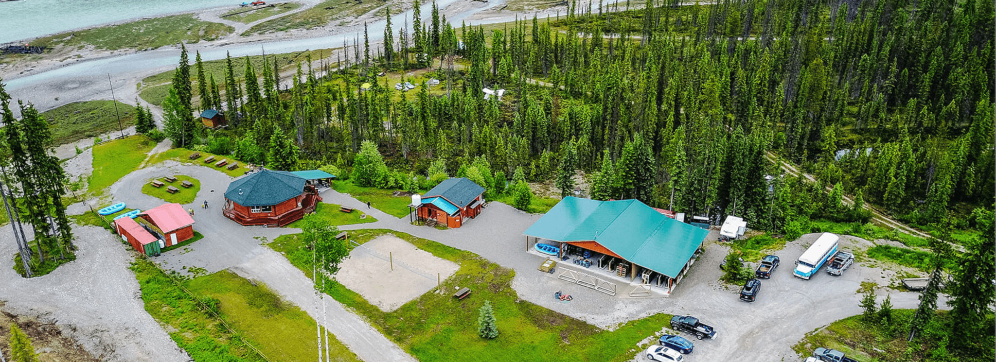 Bird's eye view of the Hydra River Guides base for Kicking Horse River White Water Rafting