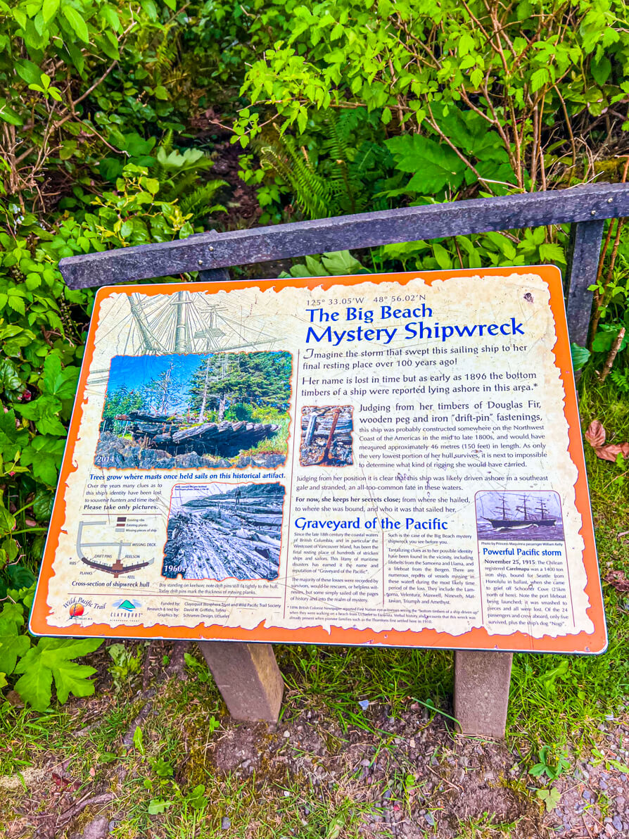 Image of the mystery shipwreck sign on Big Beach Ucluelet Canada