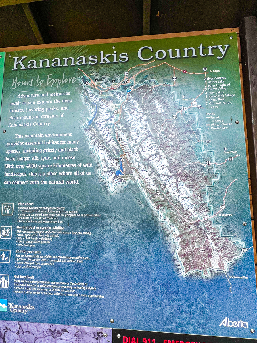 image of the Kananaskis Country information board and map found all over the area