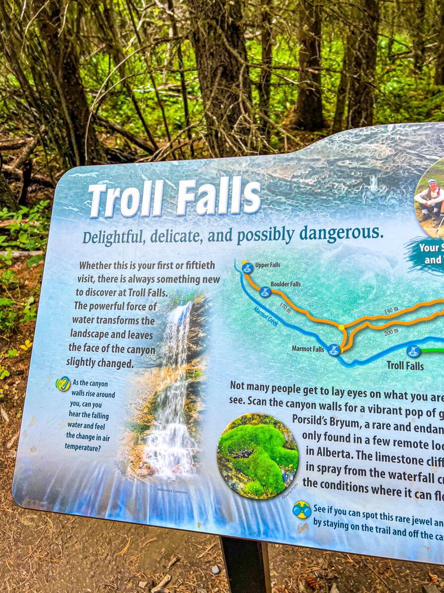 image of sign board at start of Troll Falls Hike Kananaskis 
