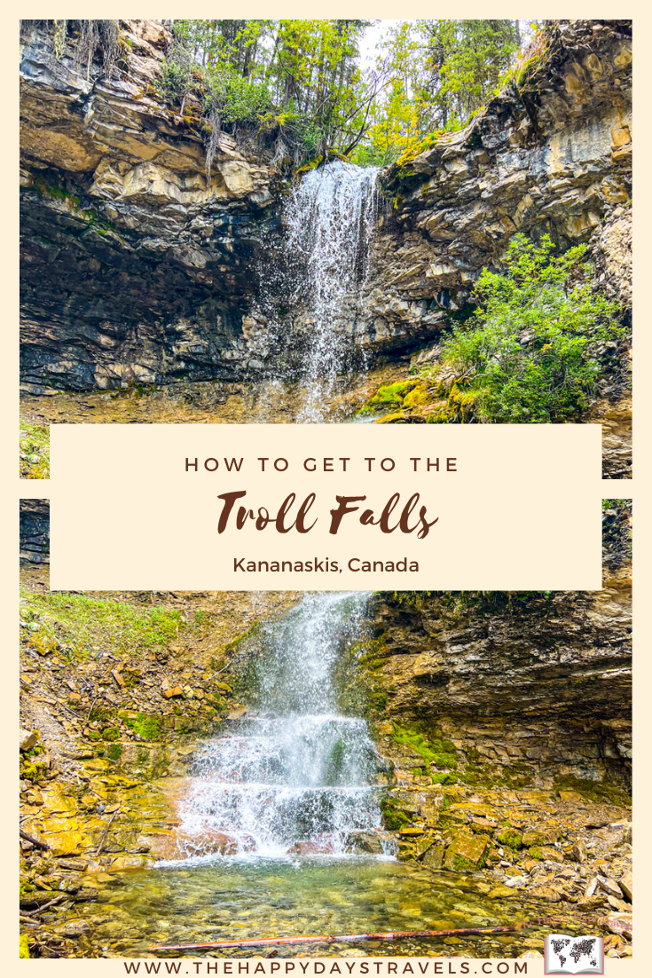 pin image of troll waterfalls. text reads 'how to get to the Troll Falls Kananaskis Canada'