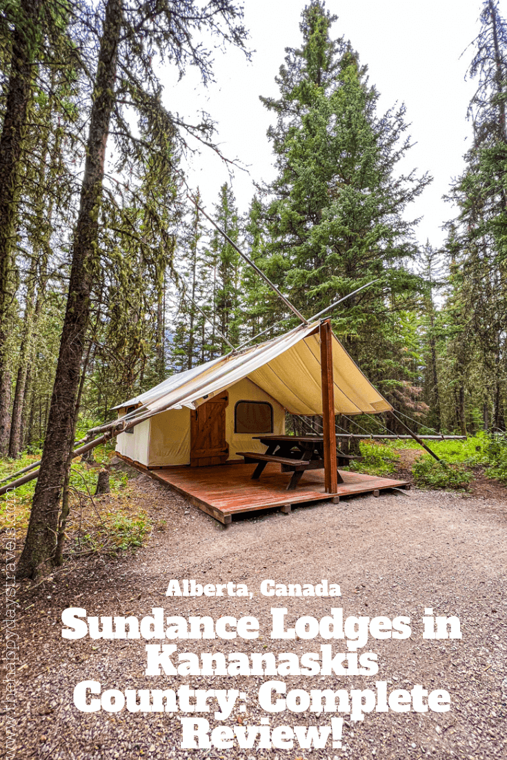 pin image of trappers tent in Sundance Lodge Kananaskis Country. Text reads 'Alberta, Canada. Sundance Lodges in Kananaskis Country: Complete Review!'